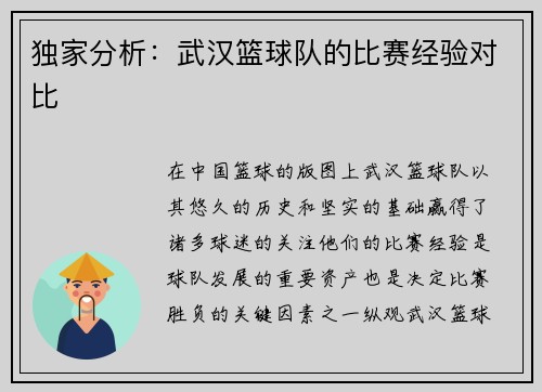 独家分析：武汉篮球队的比赛经验对比